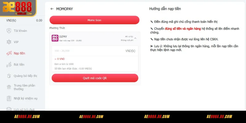 Nạp tiền qua Momo Pay