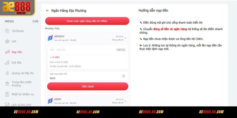 Nạp tiền AE888 qua ngân hàng nội địa