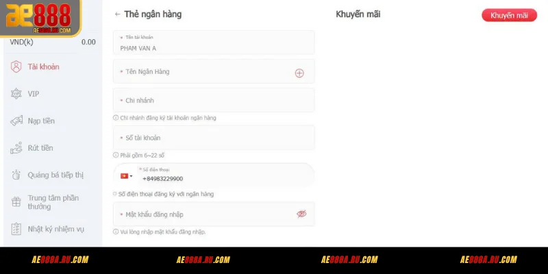 Thêm tài khoản ngân hàng chính chủ tại AE888