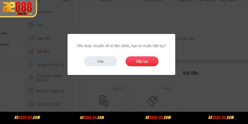 Nhập số tiền và xác nhận lệnh rút AE888