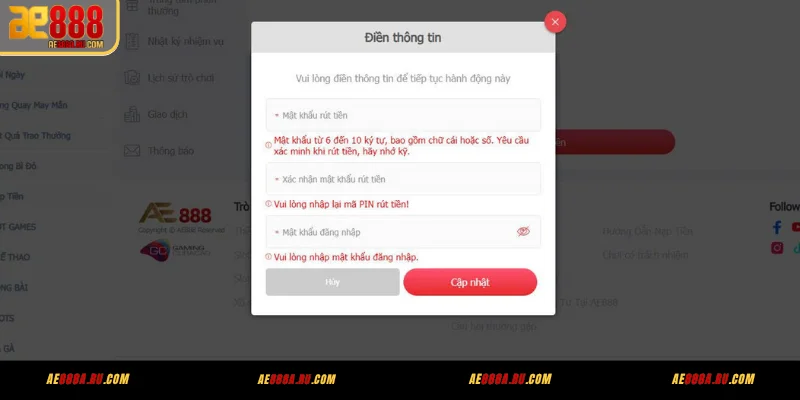 Xác nhận OTP và tạo mật khẩu rút tiền AE888